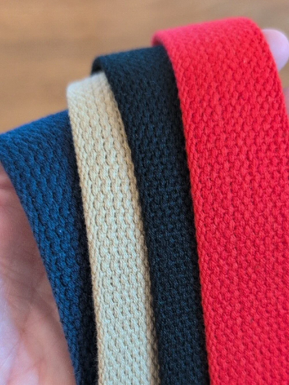 1980's Women's Canvas Adjustable Web Belt Set - Blue, Red, Black, Tan